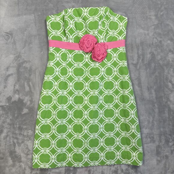 Lilly Pulitzer Strapless Dress Women’s 2 Green Pink Geometric Rosette Cotton - Picture 1 of 7